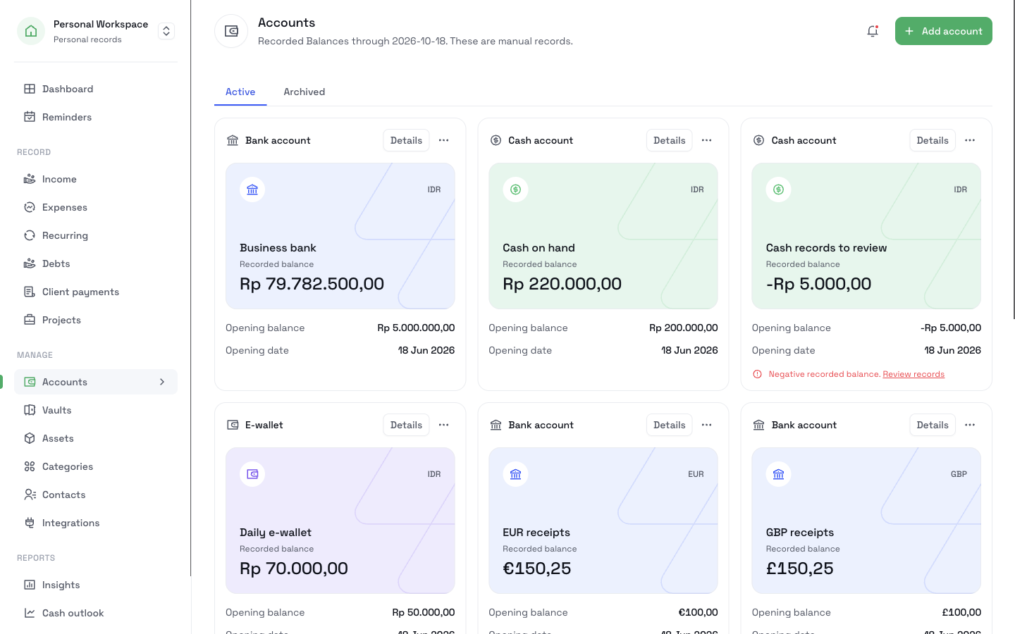 The CatatKoin Accounts page with a card for each bank account, e-wallet, and cash wallet, each showing a recorded balance and an opening balance
